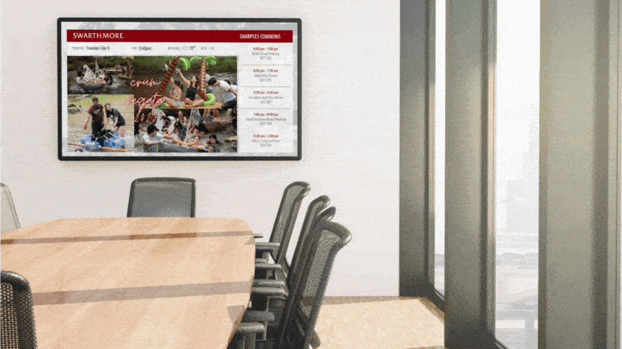 Animated, conference room digital signage displaying hourly schedule and imagery, Reach Media Network, 2025