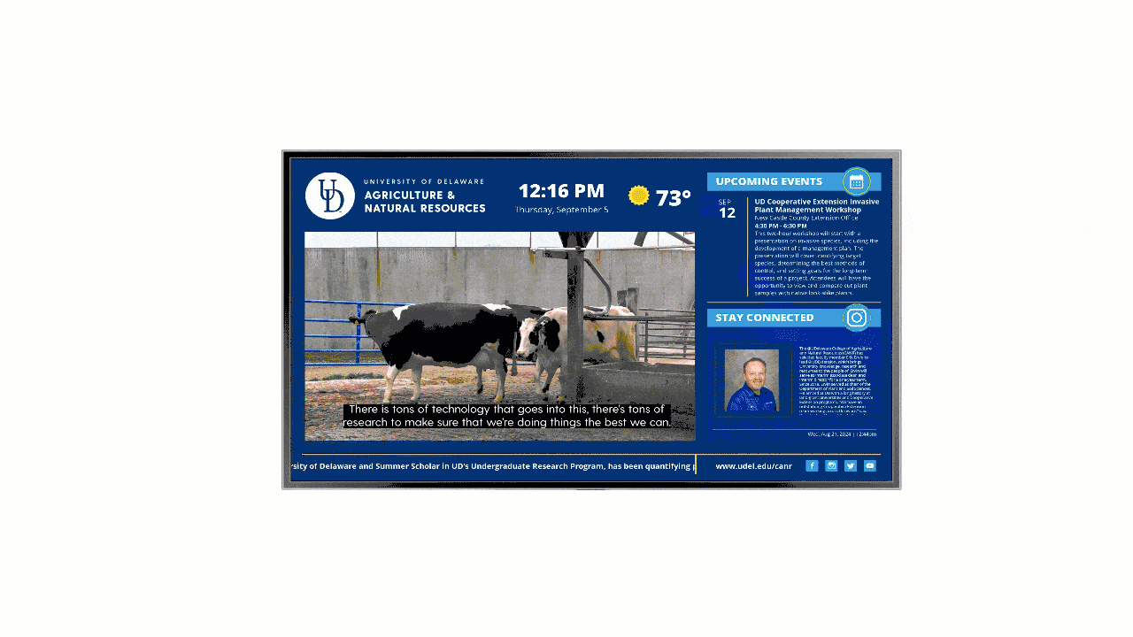 REACH Media Network digital signage Integrations Animated, digital signage screen highlighting available apps and integrations from REACH Media Network