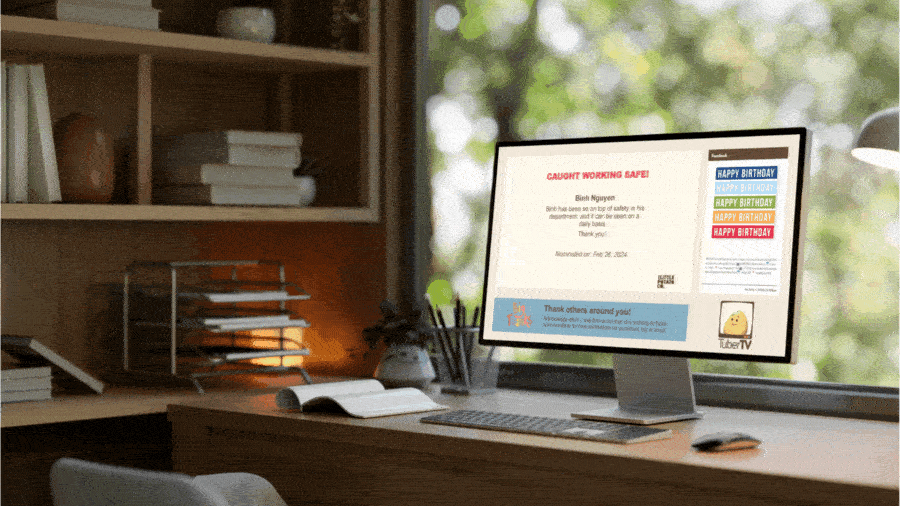 Animated, web-based digital signage displaying announcements and social media, Reach Media Network