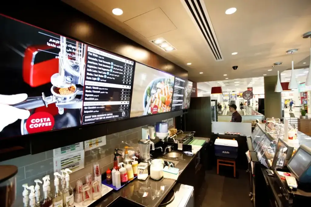 Costa Coffee shop and restaurant digital signage menu boards displayed with BrightSign LS5 media player from Reach Media Network