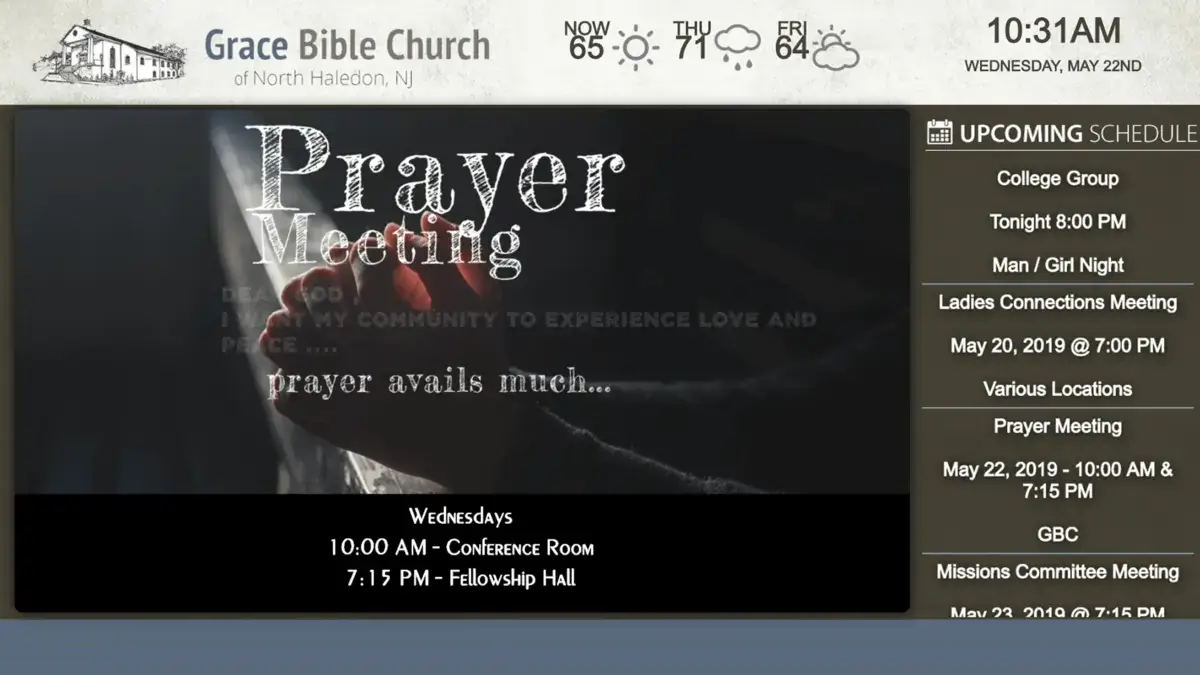 Grace Bible Church of North Haledon, NJ digital signage screen from Reach Media Network displaying a calendar schedule, weather, and announcements.