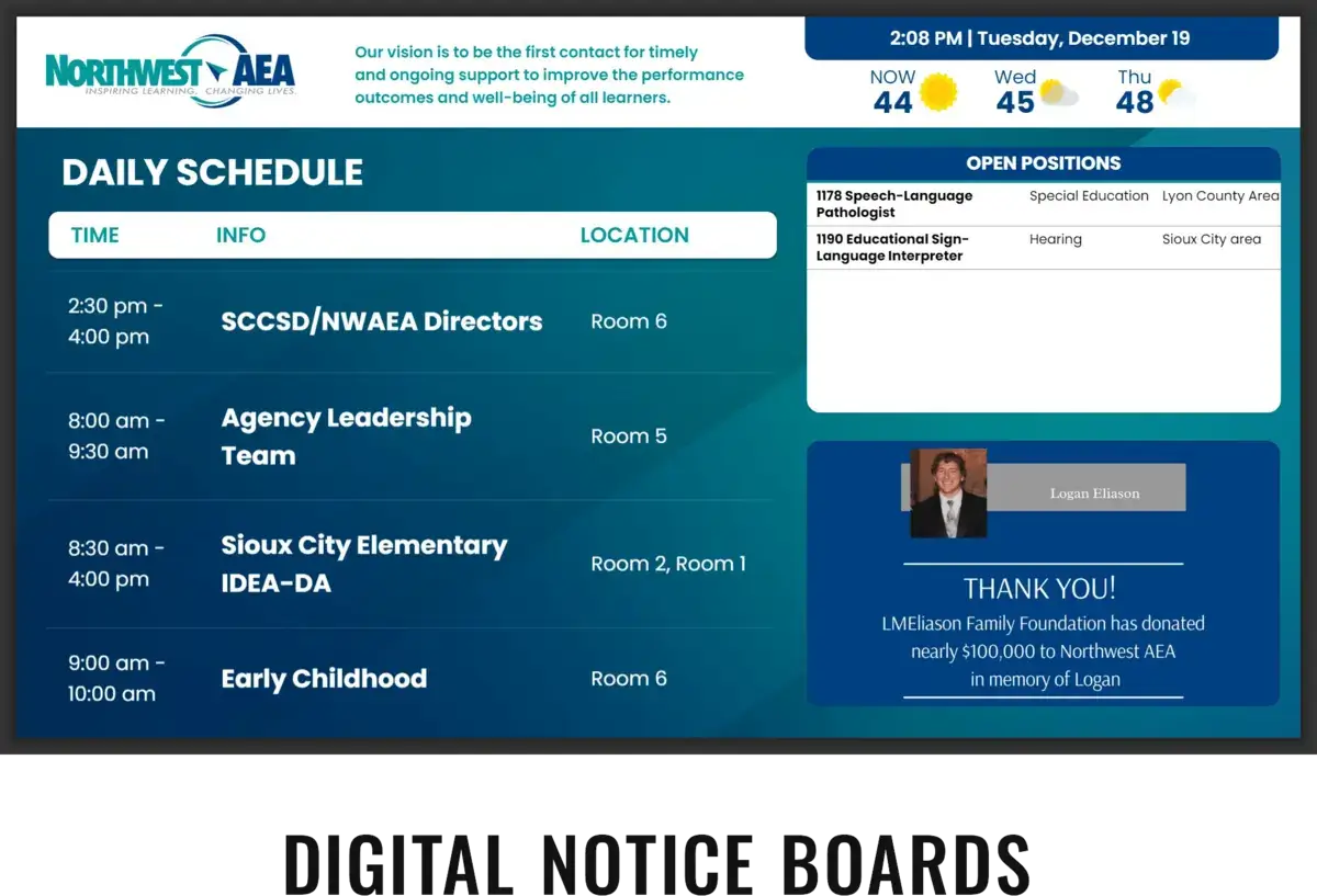 Northwest AEA corporate digital signage screen by Reach Media Network displaying open positions, sponsor thank you messaging, and daily schedules.