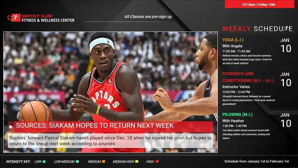 Martin P. Slark Fitness & Wellness Center digital signage screen from Reach Media Network displaying weekly schedule and news headlines.