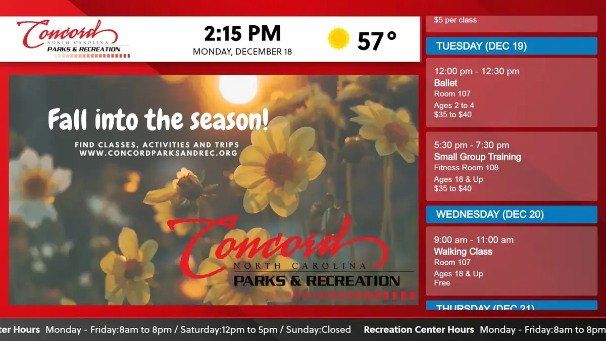 Reach-Media-Network-digital-signage-Concord-NC-Parks-and-Rec Concord NC Parks and Recreation digital signage software from Reach Media Network displaying daily schedules and announcements.
