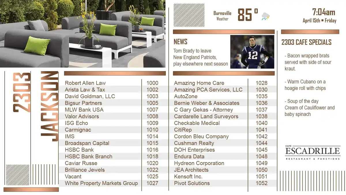 2303 Jackson digital signage directory screen from Reach Media Network displaying company tenants, news headlines, and local cafe specials