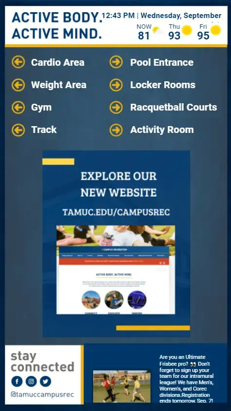 Texas A&M University - Commerce digital signage screen from Reach Media Network displaying area directions, new campus website announcement, and promoting social media accounts.