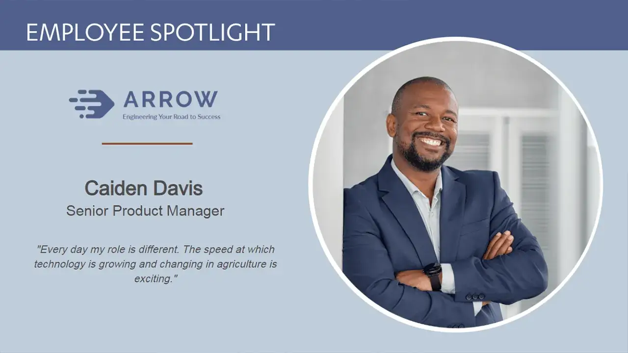 Arrow corporate digital signage screen from Reach Media Network displaying employee spotlight for senior product manager.