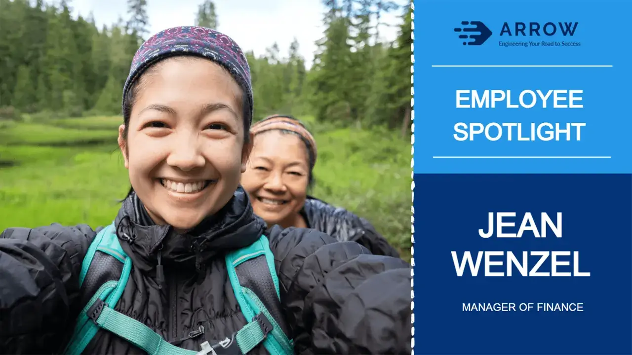 Arrow corporate digital signage screen from Reach Media Network displaying employee spotlight for manager of finance.