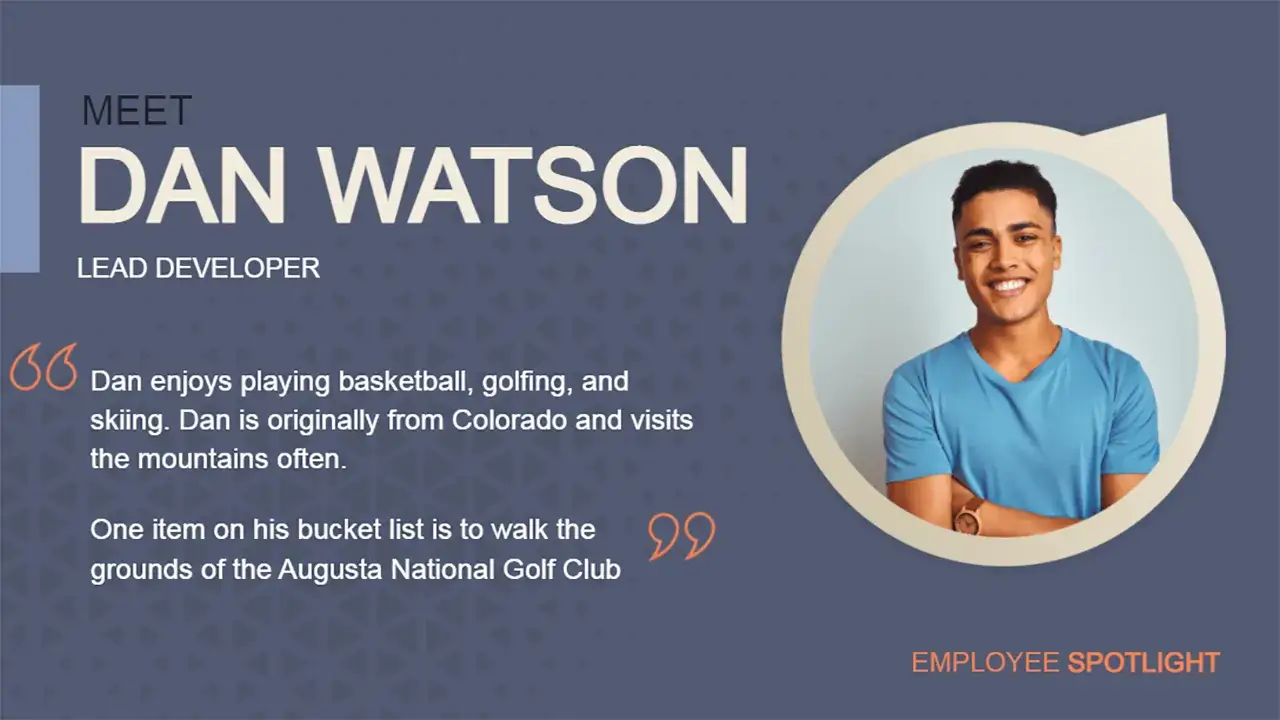 Corporate digital signage screen from Reach Media Network displaying employee spotlight for lead developer.