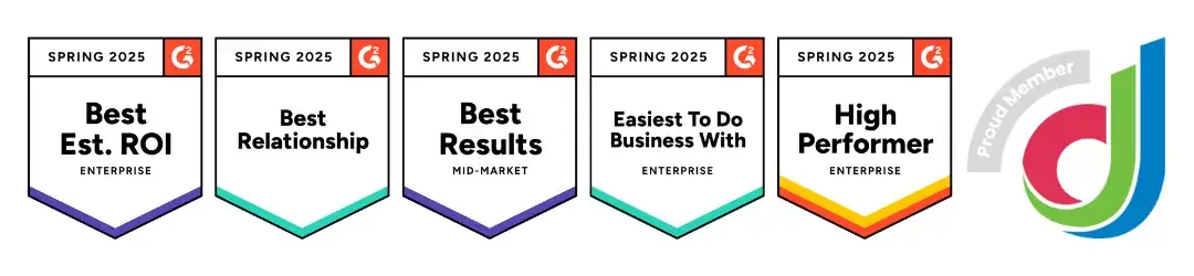 Reach-Media-Network-digital-signage-G2-BADGES-SPRING-2025 Icons of G2 badges for Spring 2025 showing REACH Media Network is Best Est. ROI for Enterprise, Best Relationship, Best Results for Mid-Market, Easiest To Do Business With for Enterprise, and a High Performer for Enterprise. There is also a logo with the Digital Signage Federation logo stating REACH Media Network is a proud member.