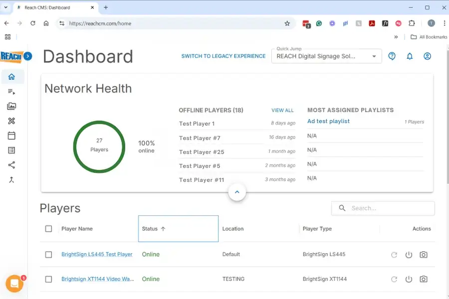 Reach Media Network login (CMS 2.0) Reach Media Network digital signage CMS 2.0 dashboard screenshot