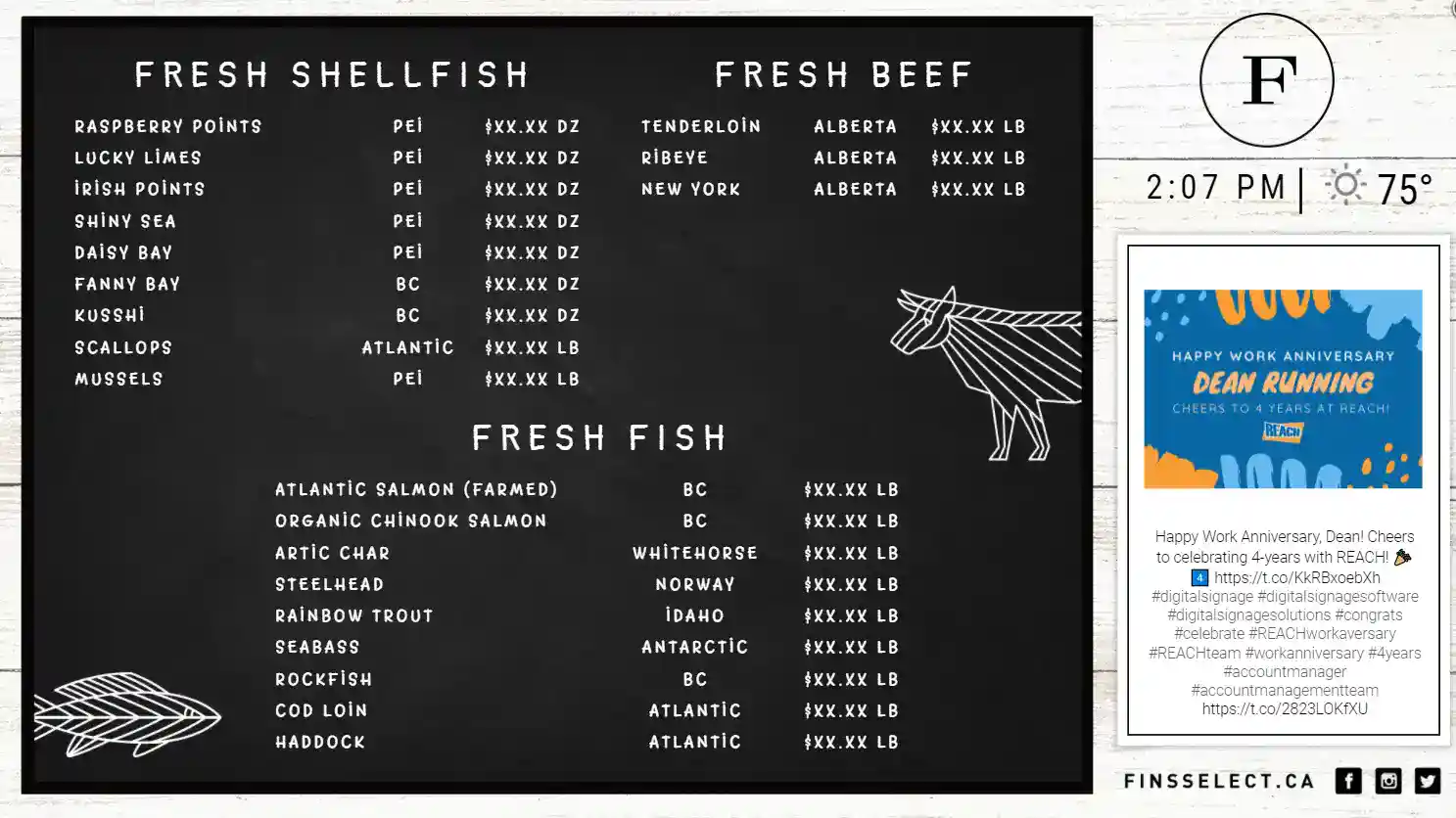 Fins Select meat and fish market menu board digital signage from Reach Media Network
