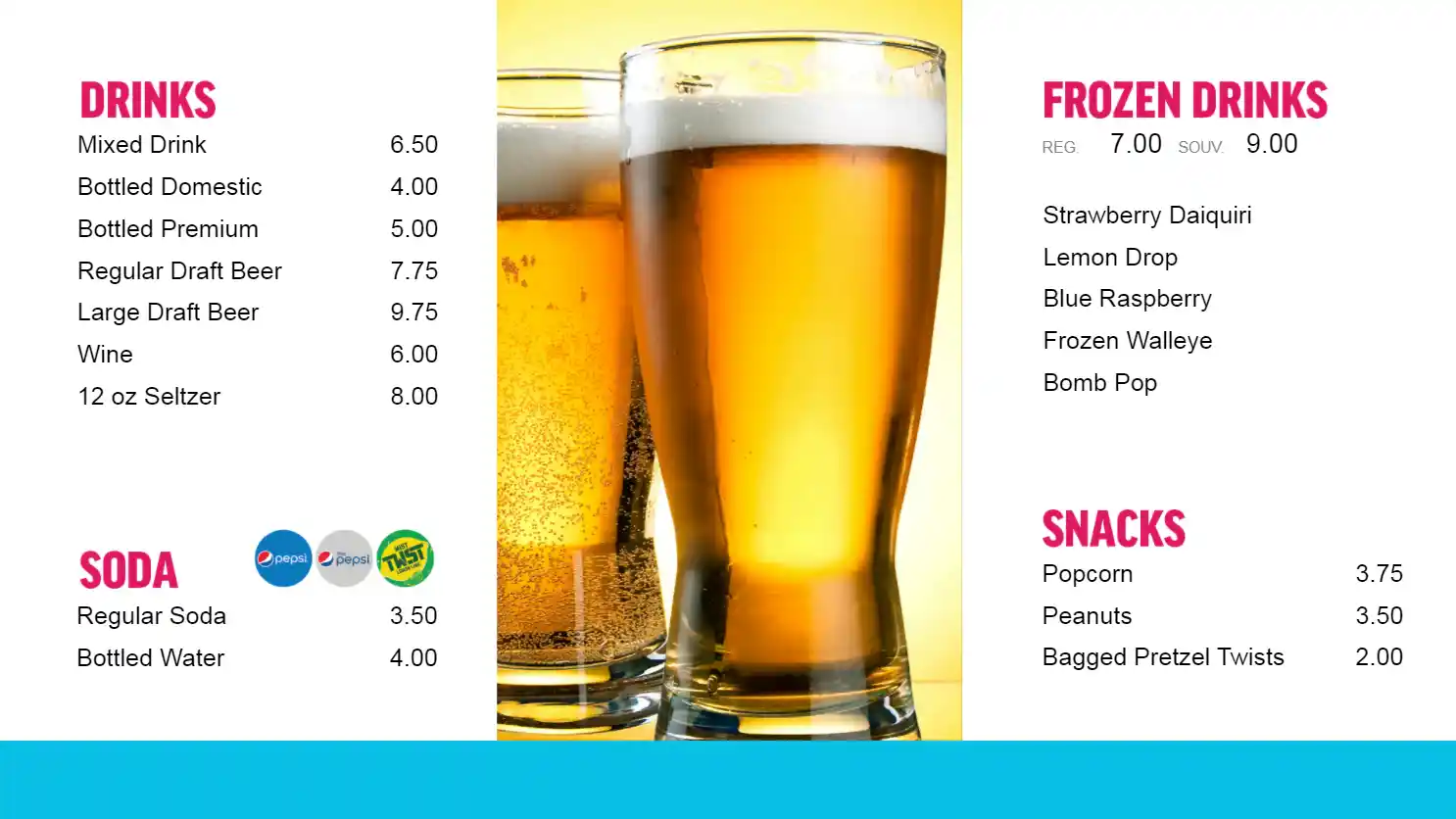 Huntington Center Arena menu boards displaying bar and drinks, Reach Media Network digital signage