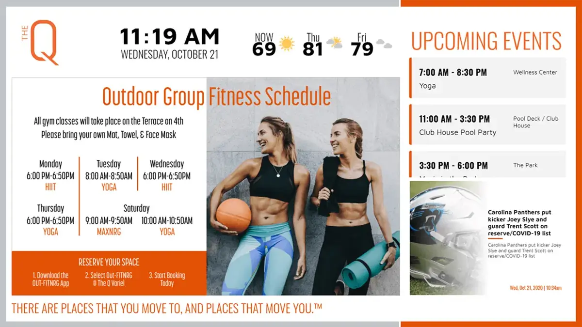 The Q fitness digital signage screen from Reach Media Network displaying outdoor fitness schedule, upcoming events, and sports news headlines.