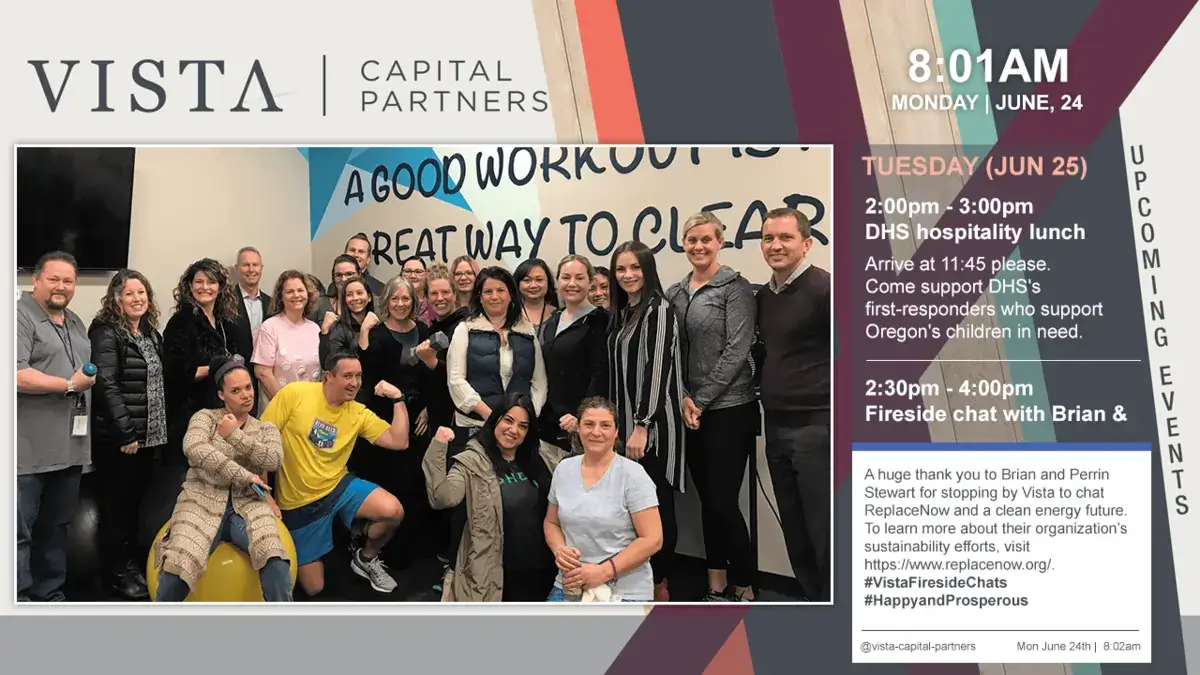 Vista Capital Partners digital signage screen from Reach Media Network displaying upcoming schedule, facebook post, and corporate team photo.