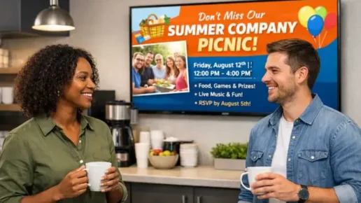 employees talking during a coffee break in front of a digital signage display from Reach Media Network