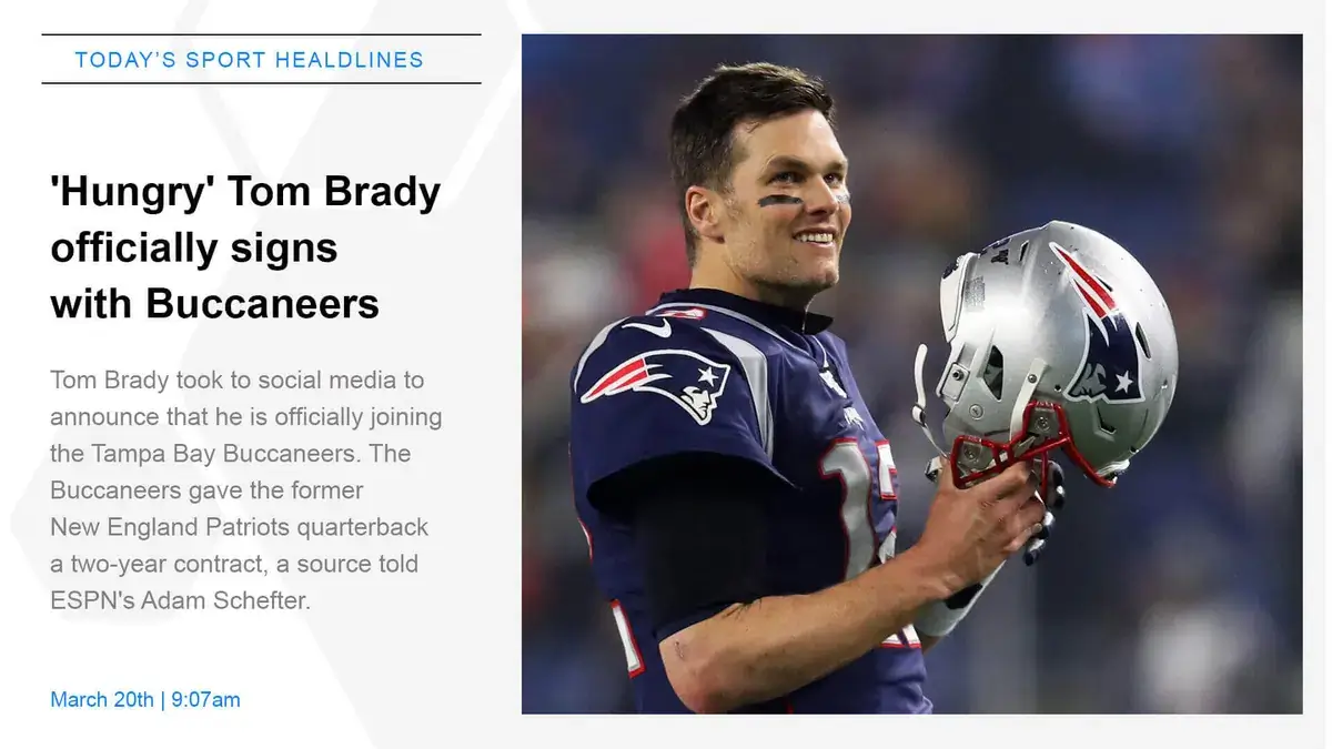 Digital signage screen from Reach Media Network displaying today's sports headlines and image for Tom Brady signing with Buccaneers.