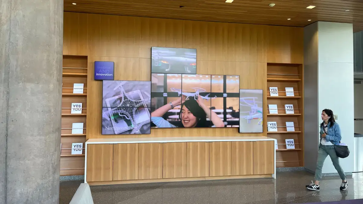 Digital signage video wall from Reach Media Network featured in a Northwestern University building and displaying engineering imagery