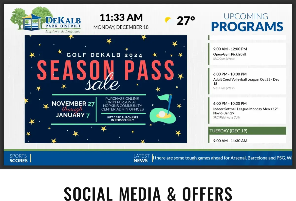 DeKalb park district digital signage screen from Reach Media Network displaying upcoming programs and announcements.