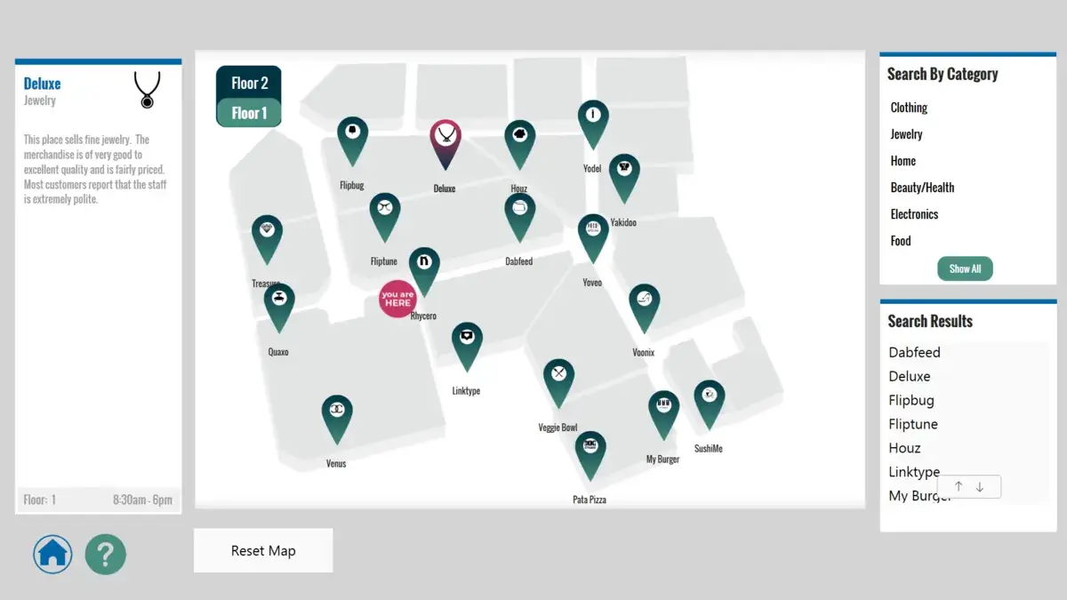 Mall digital signage touch screen from Reach Media Network displaying directory.