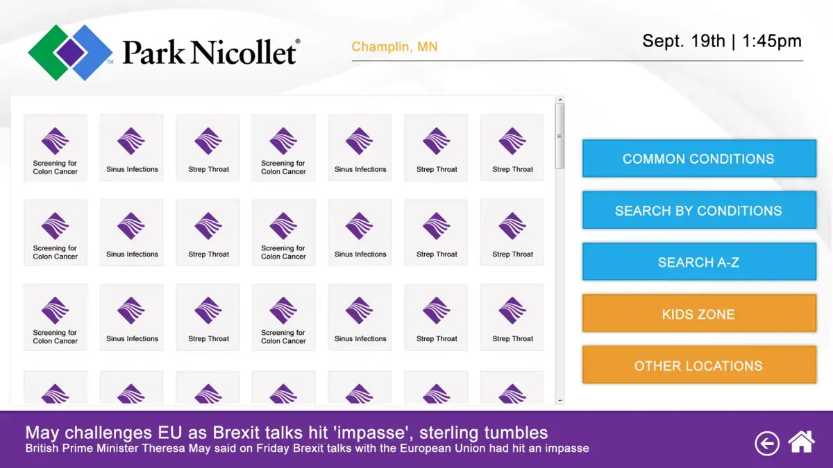 Park Nicollet healthcare digital signage touchscreen from Reach Media Network displaying different healthcare services and filters.