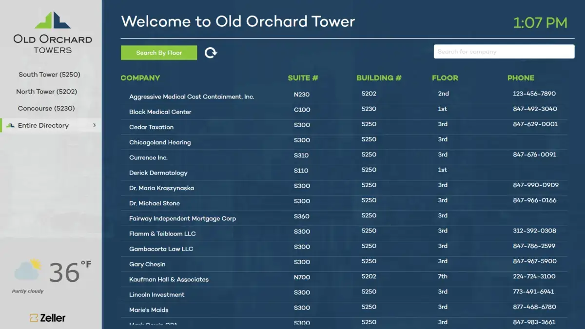 Zeller digital signage touch screen from Reach Media Network displaying building directory.