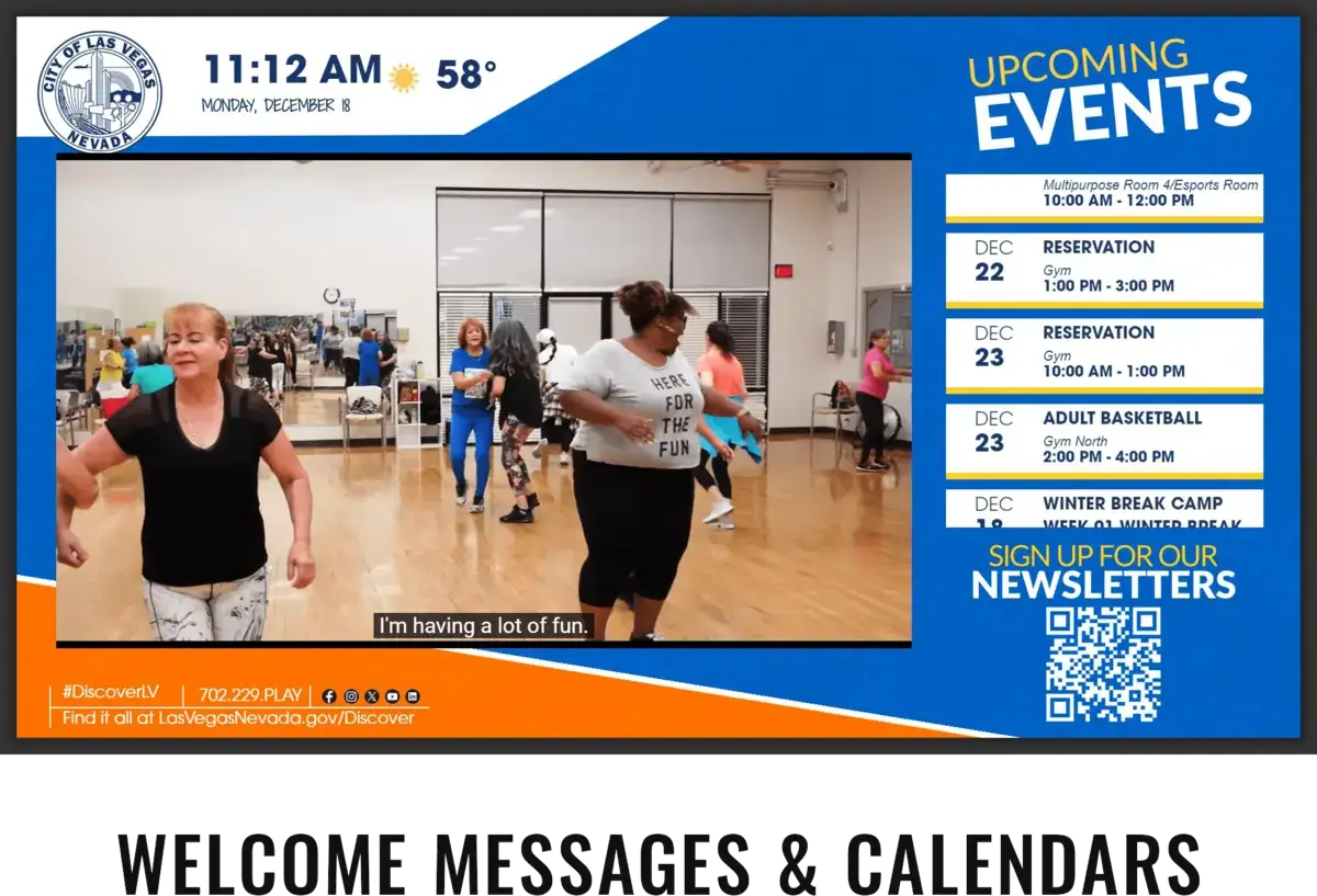 Las Vegas community center digital signage screen from Reach Media Network displaying upcoming events and QR code.