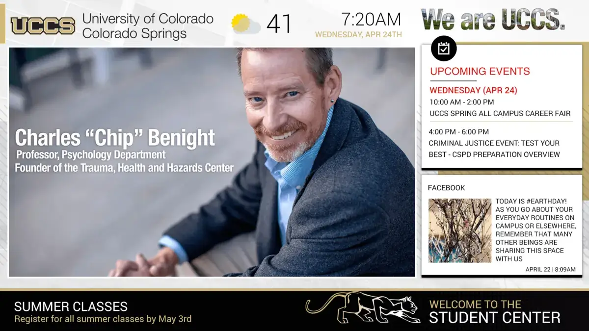 University of Colorado - Colorado Springs digital signage example from Reach Media Network displaying staff highlights, upcoming events, and social media integration