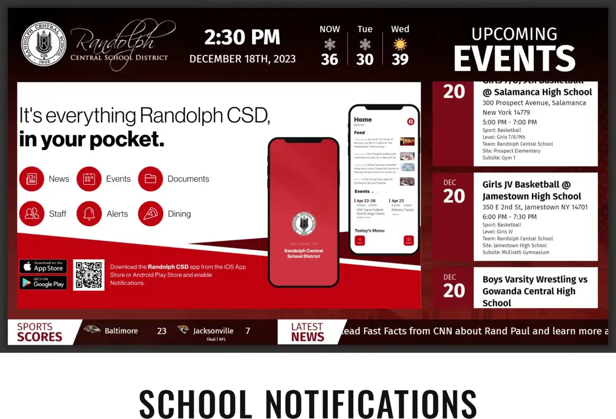 Randolph Central School digital signage screen from Reach Media Network displaying upcoming events, announcements, sports scores, and news.
