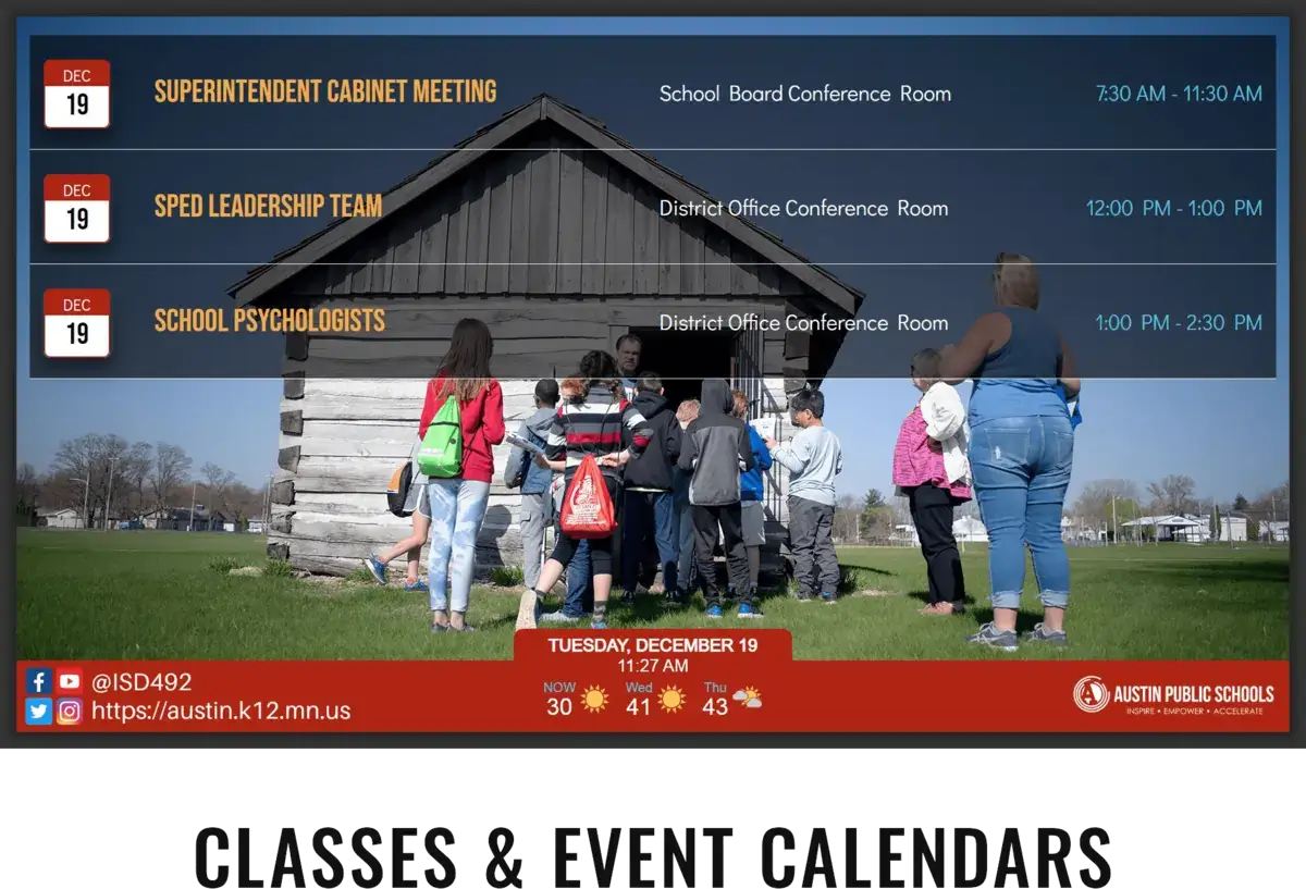 Austin public schools digital signage screen from Reach Media Network displaying conference room schedule.